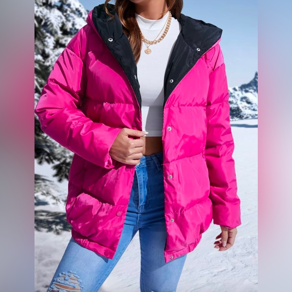 💗 REVERSIBLE PINK/ NAVY HOODED PUFFER ST JOHNS BAY JACKET SZ S POLYESTER & DOWN